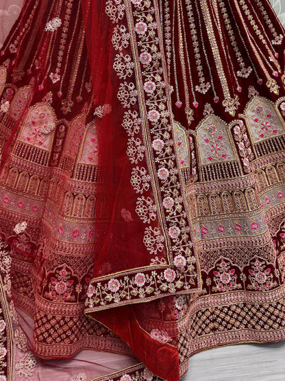 Marvelous Red Embroidered Velvet Bridal Lehenga Choli - Zeel Clothing