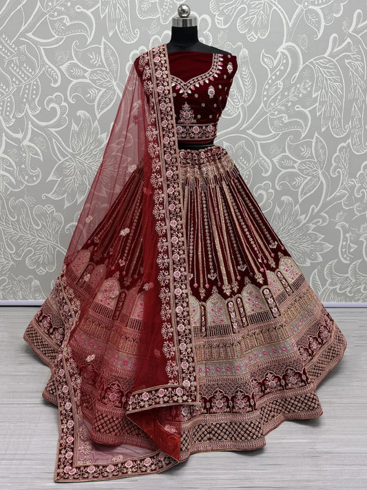 Marvelous Red Embroidered Velvet Bridal Lehenga Choli - Zeel Clothing
