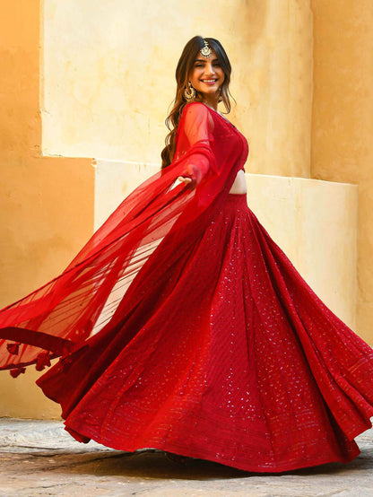 Marvelous Red Sequins Georgette Sangeet Wear Lehenga Choli - Zeel Clothing