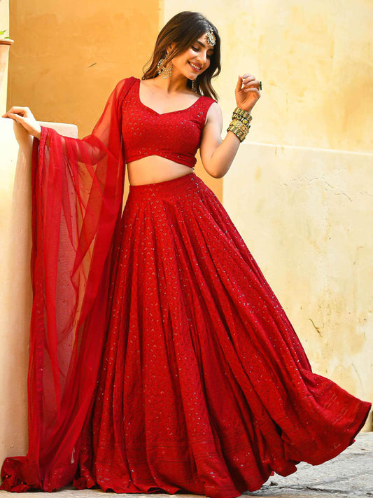 Marvelous Red Sequins Georgette Sangeet Wear Lehenga Choli - Zeel Clothing