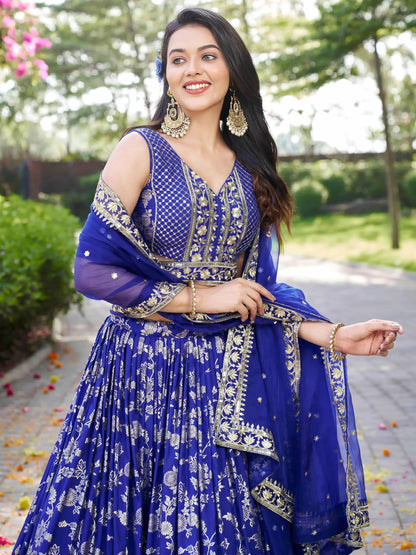 Marvelous Royal Blue Silk Thread Embroidery Designer Lehenga Choli - Zeel Clothing