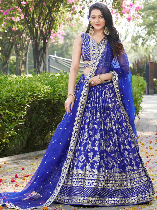 Marvelous Royal Blue Silk Thread Embroidery Designer Lehenga Choli - Zeel Clothing