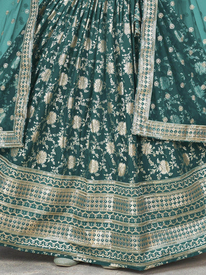 Marvelous Teal Green Zari Work Jacquard Mehendi Wear Lehenga Choli - Zeel Clothing