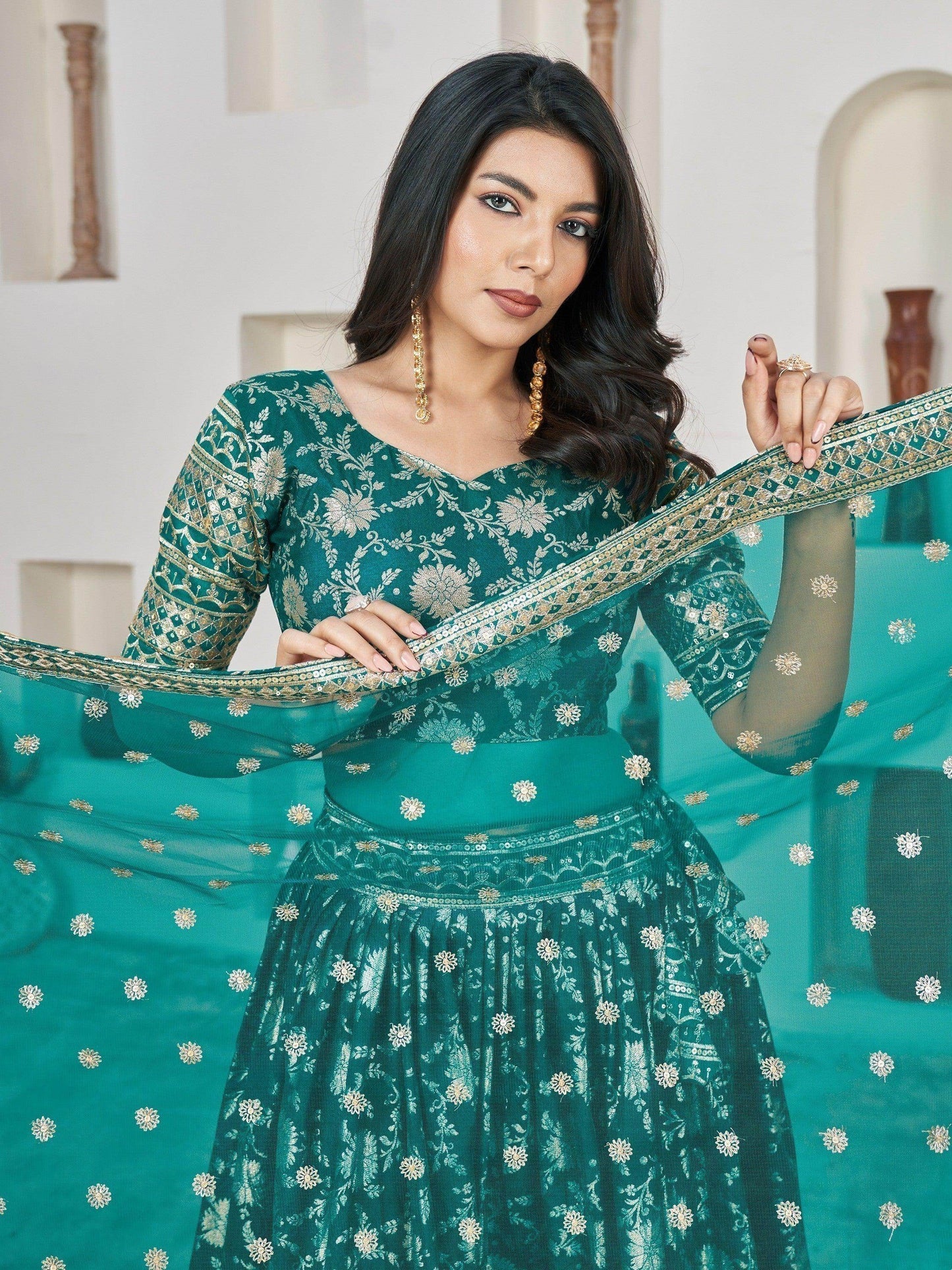 Marvelous Teal Green Zari Work Jacquard Mehendi Wear Lehenga Choli - Zeel Clothing