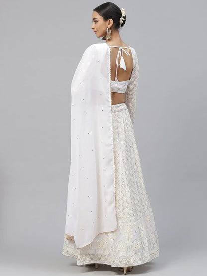 Marvelous White Thread Embroidery Georgette Bridesmaid Lehenga Choli - Zeel Clothing