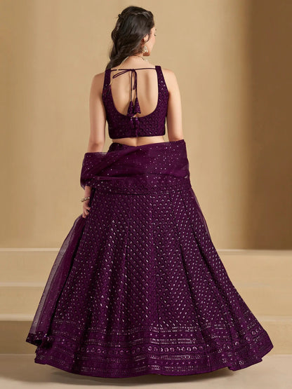 Marvelous Wine Thread Work Georgette Reception Wear Lehenga Choli - Zeel Clothing