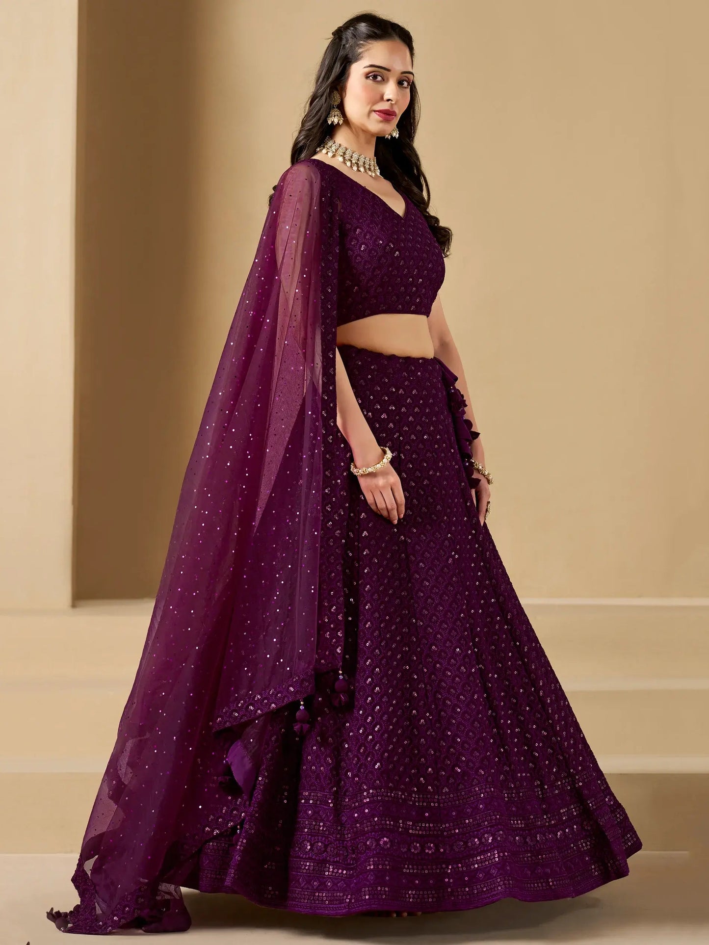 Marvelous Wine Thread Work Georgette Reception Wear Lehenga Choli - Zeel Clothing