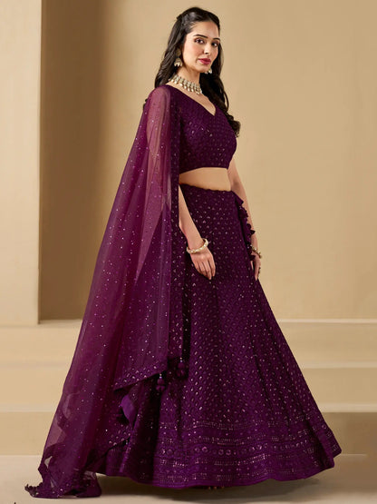 Marvelous Wine Thread Work Georgette Reception Wear Lehenga Choli - Zeel Clothing