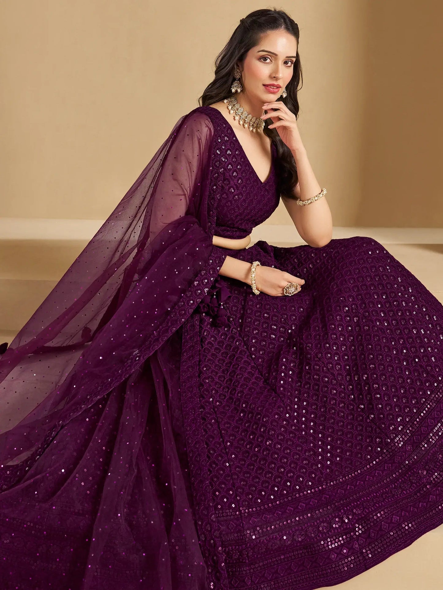Marvelous Wine Thread Work Georgette Reception Wear Lehenga Choli - Zeel Clothing