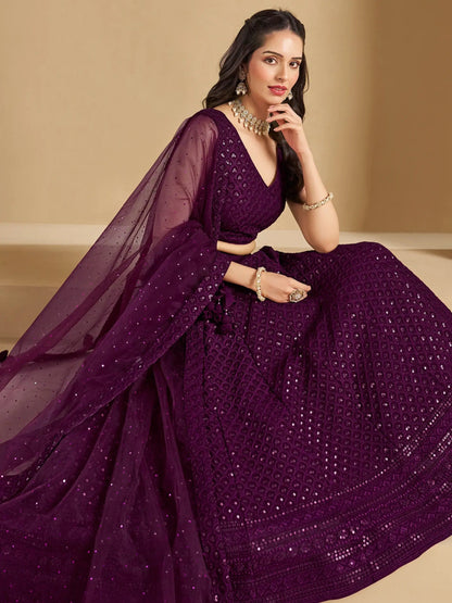 Marvelous Wine Thread Work Georgette Reception Wear Lehenga Choli - Zeel Clothing
