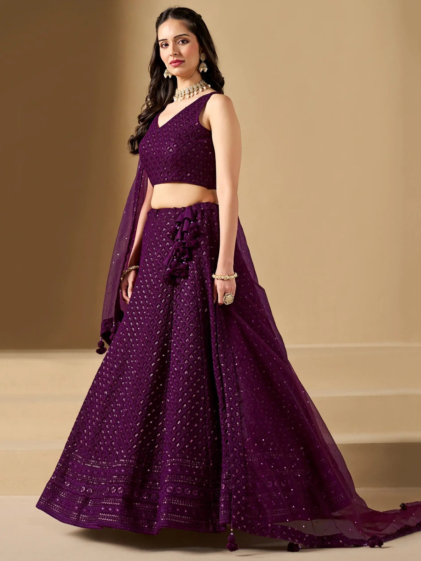 Marvelous Wine Thread Work Georgette Reception Wear Lehenga Choli - Zeel Clothing