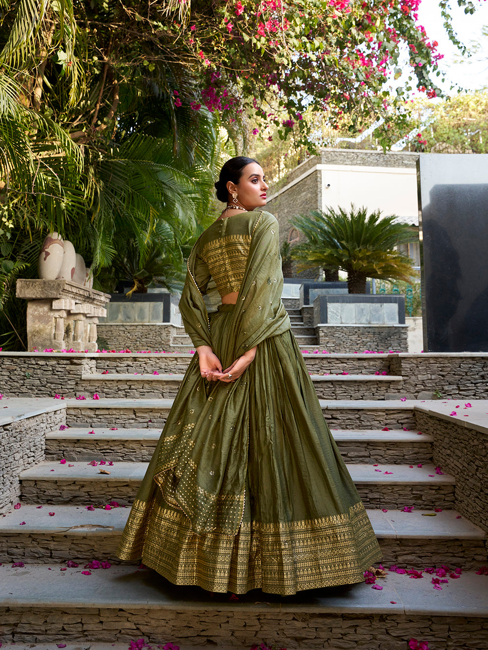 Mehandi Color Plain With Zari Weaving Work Chanderi Lehenga Choli