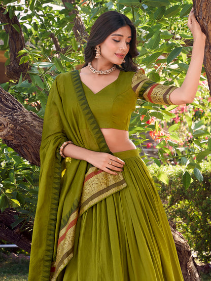 Mehandi Color Plain With Zari Weaving Work Chanderi Silk Lehenga Choli
