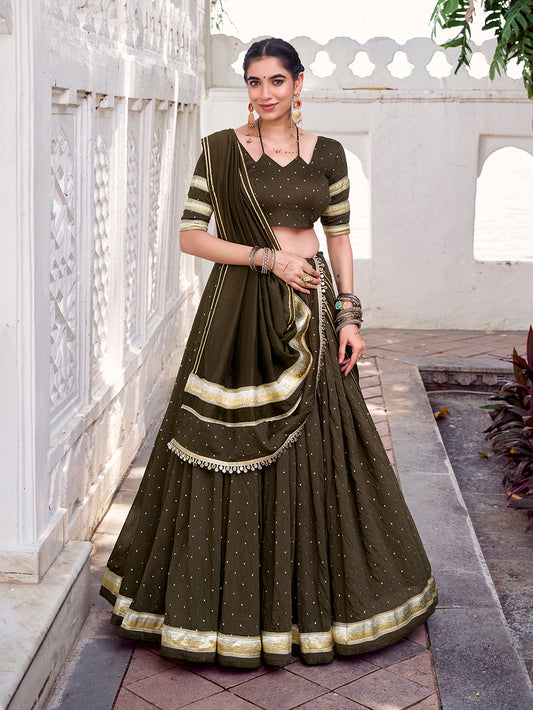 Mehendi Color Zari Weaving Work With Embossed Design Chanderi Lehenga Choli