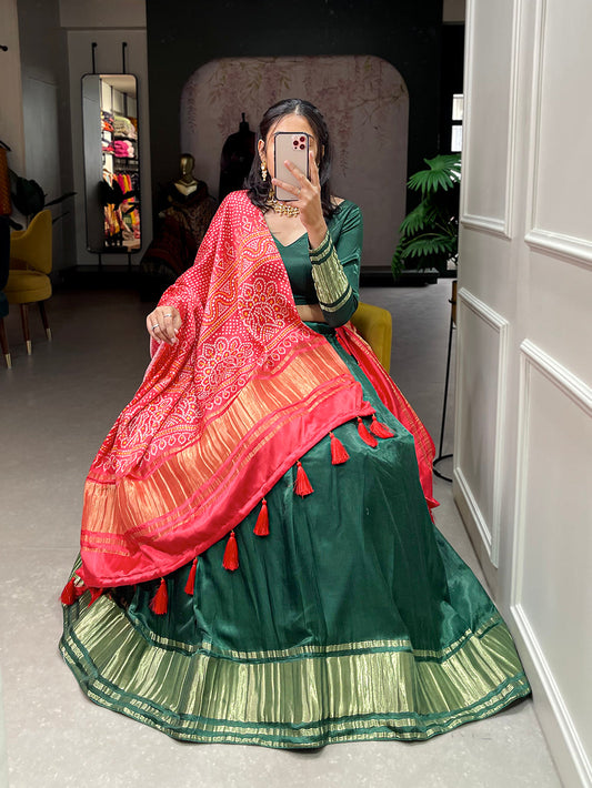 Green Color Dyeing With Lagdi Patta Gaji Silk Lehenga Choli