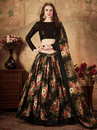 Mesmerizing Black Floral Print Organza Silk Wedding Lehenga Choli - Zeel Clothing