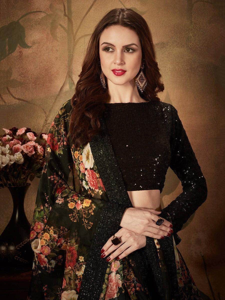 Mesmerizing Black Floral Print Organza Silk Wedding Lehenga Choli - Zeel Clothing