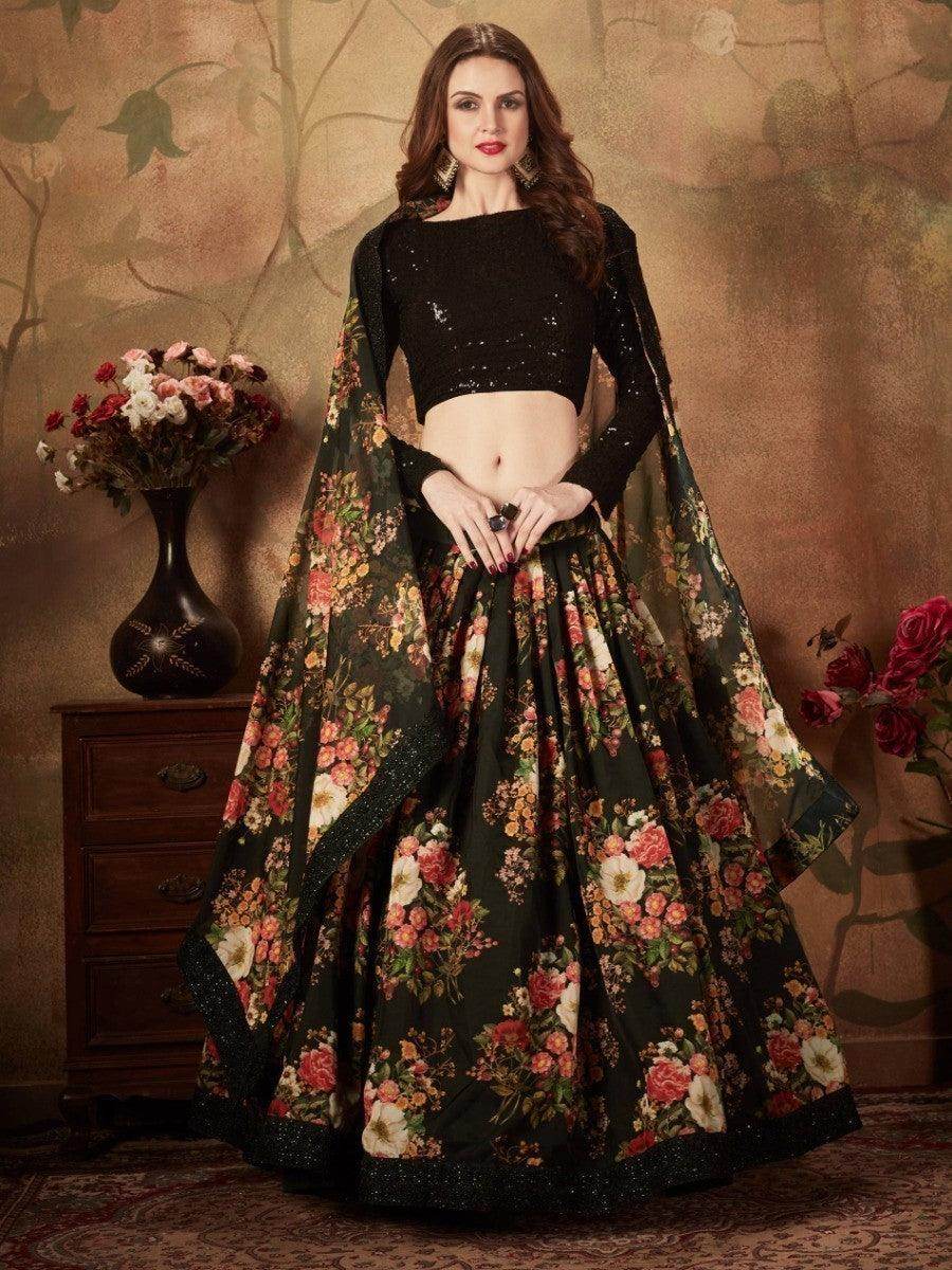 Mesmerizing Black Floral Print Organza Silk Wedding Lehenga Choli - Zeel Clothing