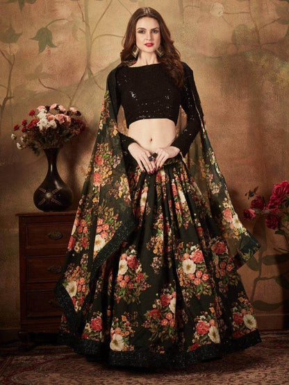 Mesmerizing Black Floral Print Organza Silk Wedding Lehenga Choli - Zeel Clothing