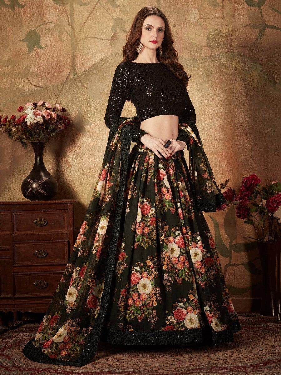 Mesmerizing Black Floral Print Organza Silk Wedding Lehenga Choli - Zeel Clothing