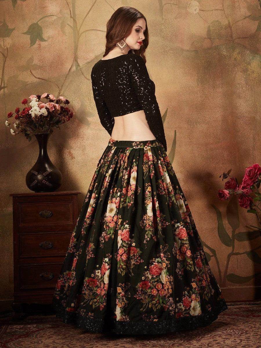 Mesmerizing Black Floral Print Organza Silk Wedding Lehenga Choli - Zeel Clothing