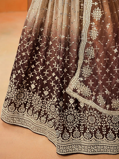 Mesmerizing Brown Georgette Sequins Lehenga Choli With Dupatta - Zeel Clothing