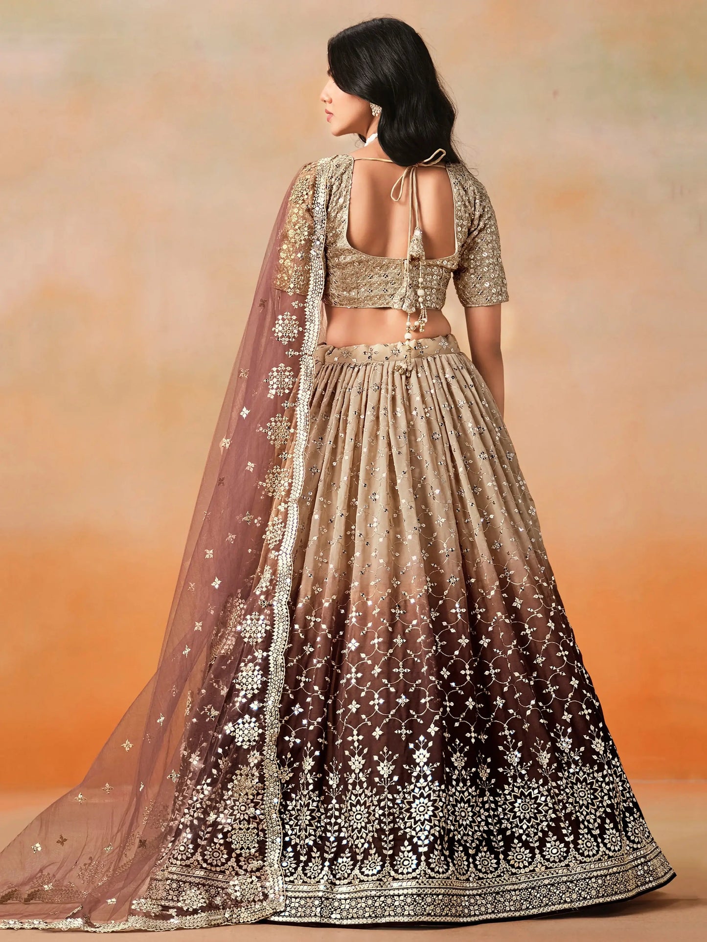 Mesmerizing Brown Georgette Sequins Lehenga Choli With Dupatta - Zeel Clothing