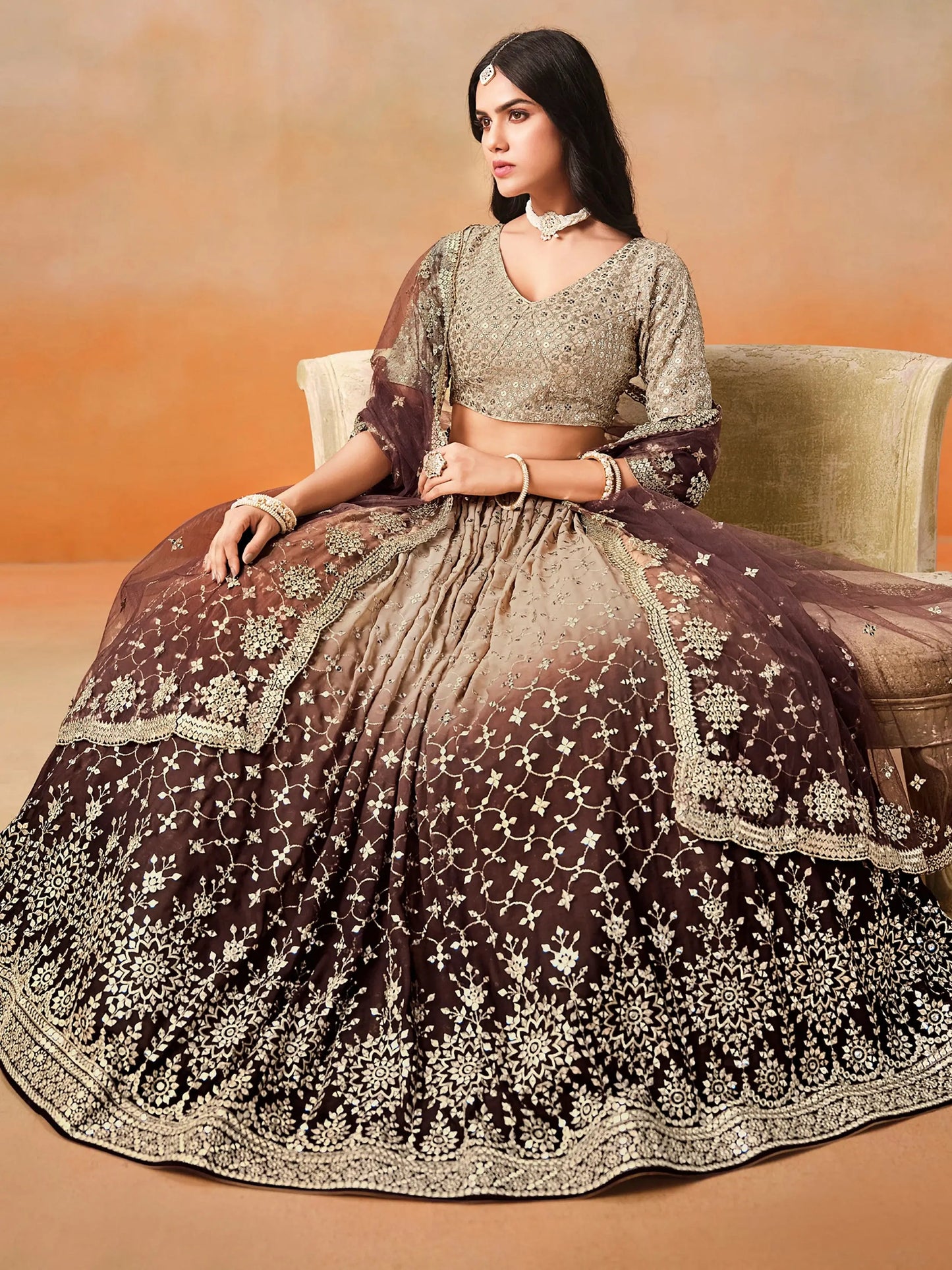 Mesmerizing Brown Georgette Sequins Lehenga Choli With Dupatta - Zeel Clothing