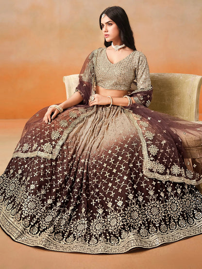 Mesmerizing Brown Georgette Sequins Lehenga Choli With Dupatta - Zeel Clothing