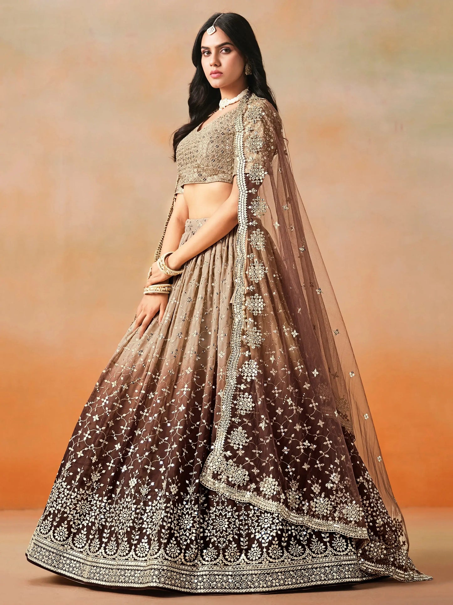 Mesmerizing Brown Georgette Sequins Lehenga Choli With Dupatta - Zeel Clothing