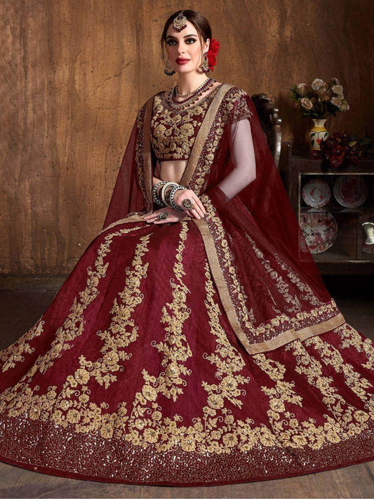 Mesmerizing Maroon Embroidered Raw Silk Lehenga Choli With Dupatta - Zeel Clothing