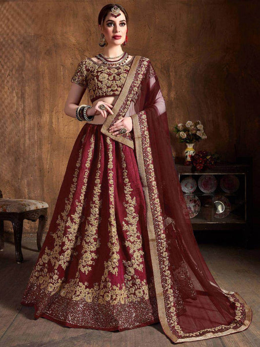 Mesmerizing Maroon Embroidered Raw Silk Lehenga Choli With Dupatta - Zeel Clothing