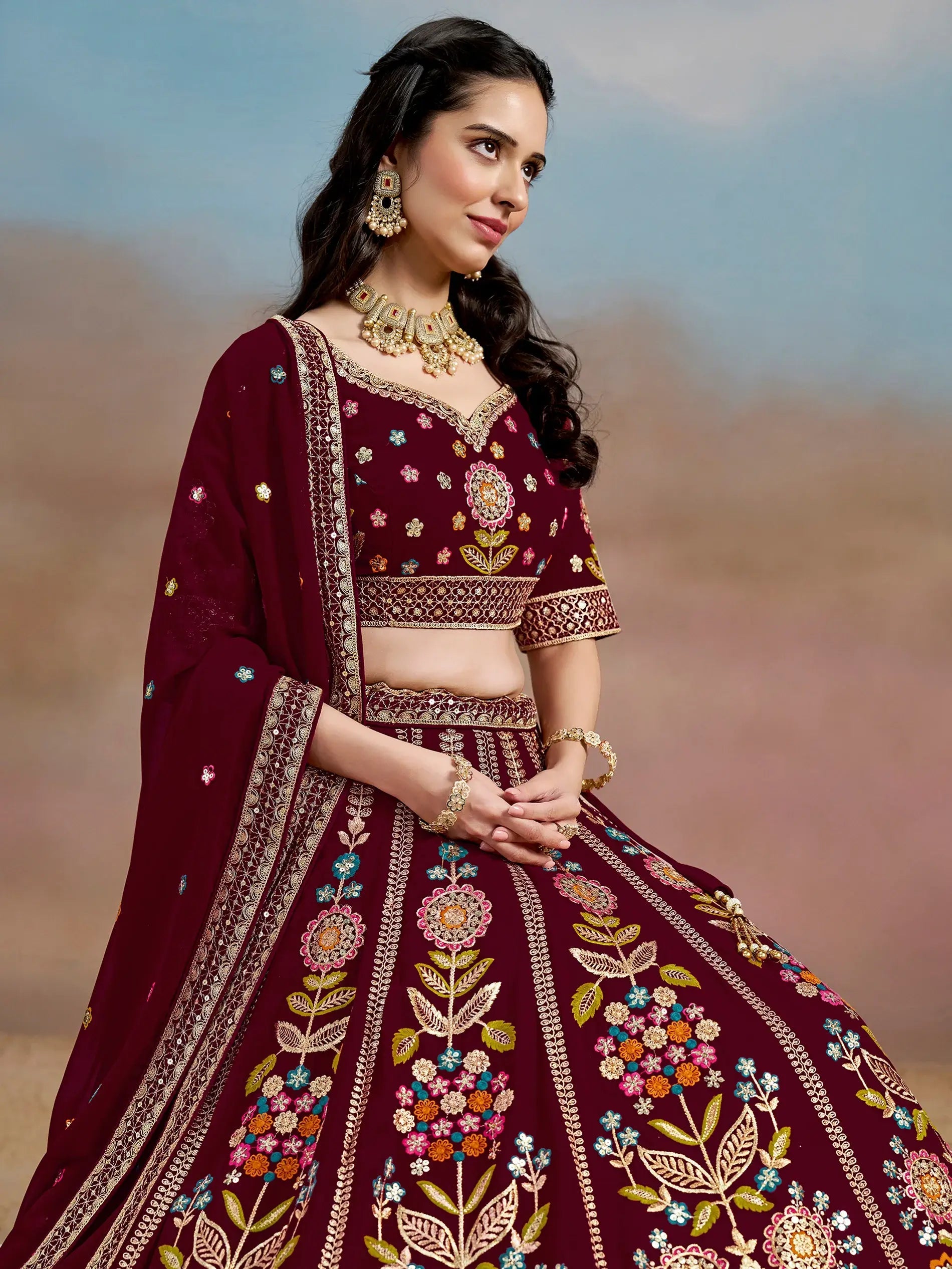 Mesmerizing Maroon Thread Work Georgette Wedding Lehenga Choli - Zeel Clothing