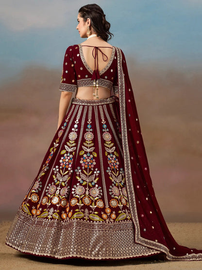 Mesmerizing Maroon Thread Work Georgette Wedding Lehenga Choli - Zeel Clothing