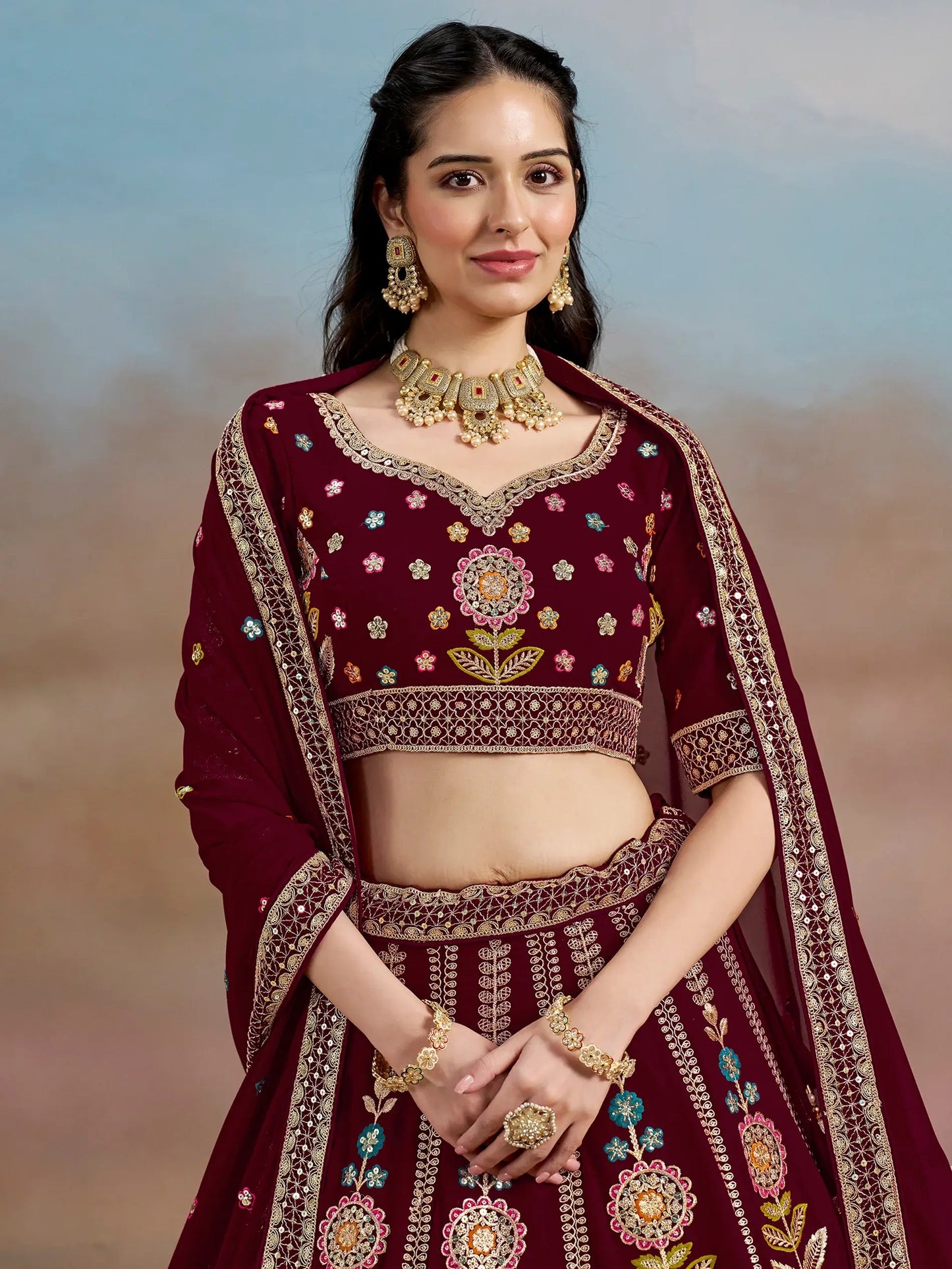 Mesmerizing Maroon Thread Work Georgette Wedding Lehenga Choli - Zeel Clothing