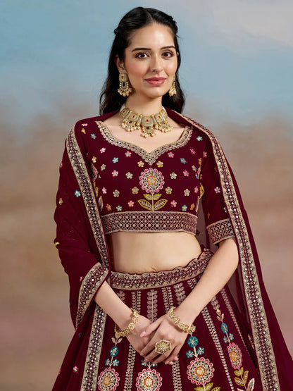 Mesmerizing Maroon Thread Work Georgette Wedding Lehenga Choli - Zeel Clothing