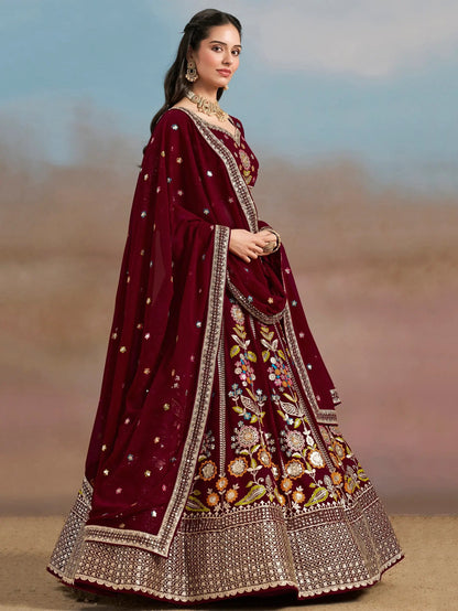 Mesmerizing Maroon Thread Work Georgette Wedding Lehenga Choli - Zeel Clothing