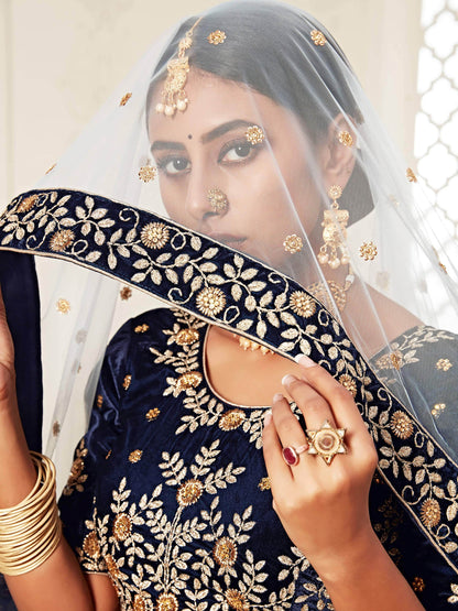 Mesmerizing Navy Blue Embroidered Velvet Bridal Wear Lehenga Choli - Zeel Clothing