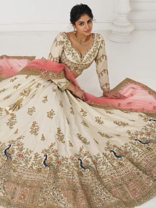 Mesmerizing Off-White Zari Embroidered Silk Lehenga Choli With Dupatta - Zeel Clothing