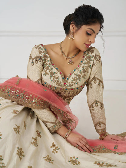 Mesmerizing Off-White Zari Embroidered Silk Lehenga Choli With Dupatta - Zeel Clothing