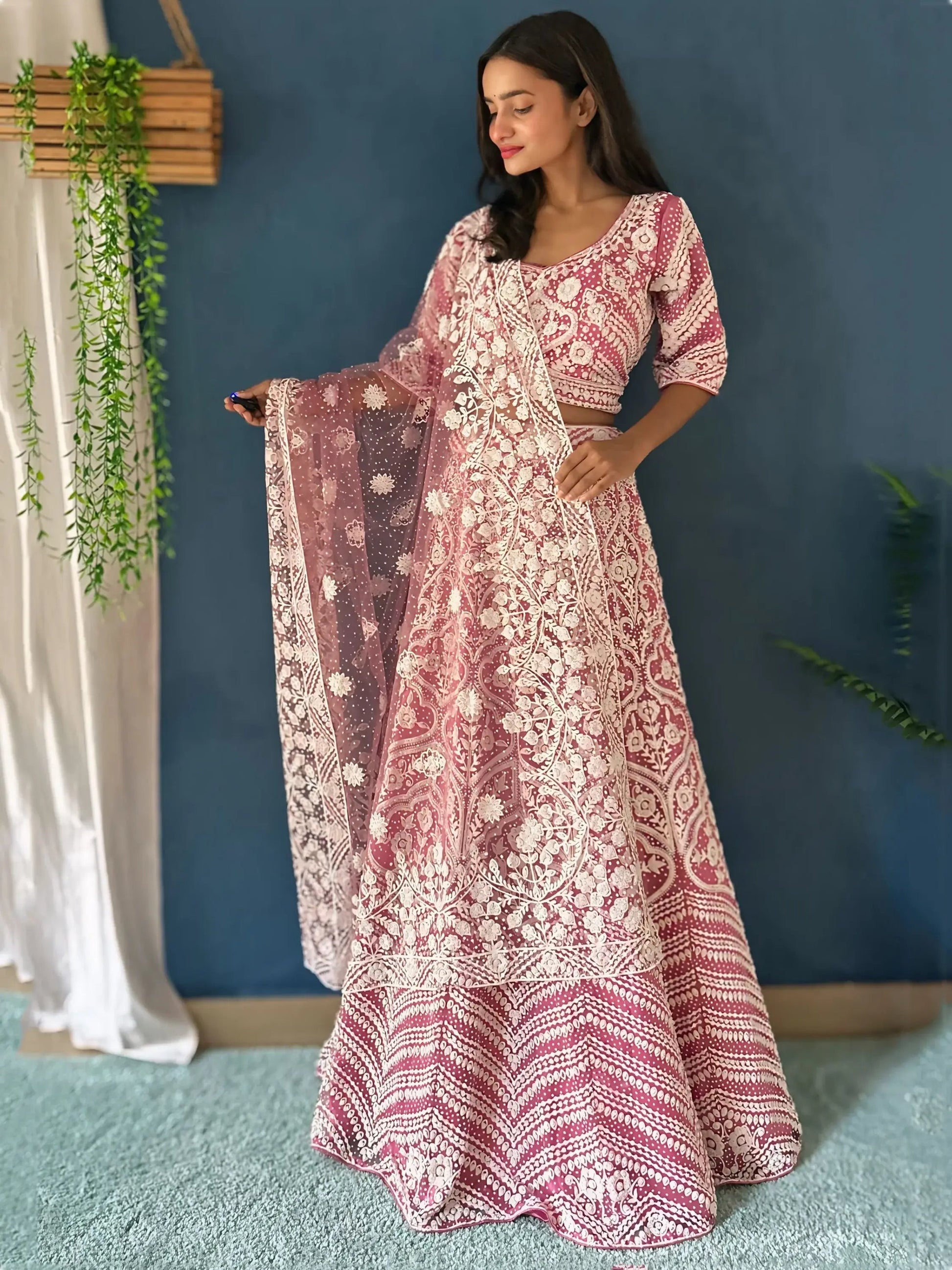 Mesmerizing Pink Beads Work Net Engagement Wear Lehenga Choli - Zeel Clothing