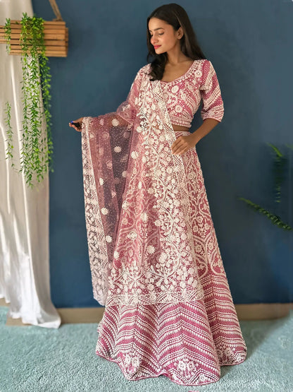 Mesmerizing Pink Beads Work Net Engagement Wear Lehenga Choli - Zeel Clothing