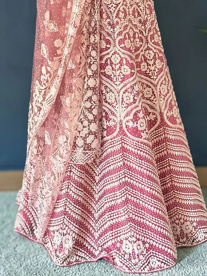 Mesmerizing Pink Beads Work Net Engagement Wear Lehenga Choli - Zeel Clothing