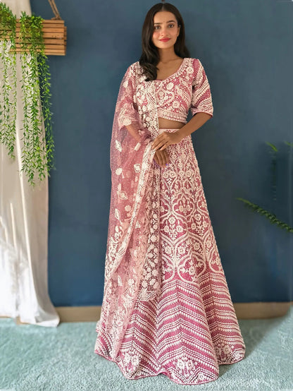 Mesmerizing Pink Beads Work Net Engagement Wear Lehenga Choli - Zeel Clothing