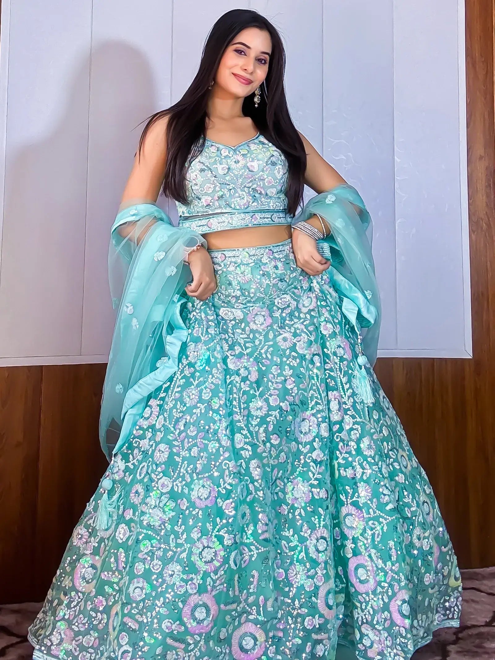 Mesmerizing Sky-Blue Sequins Net Party Wear Lehenga Choli With Dupatta - Zeel Clothing