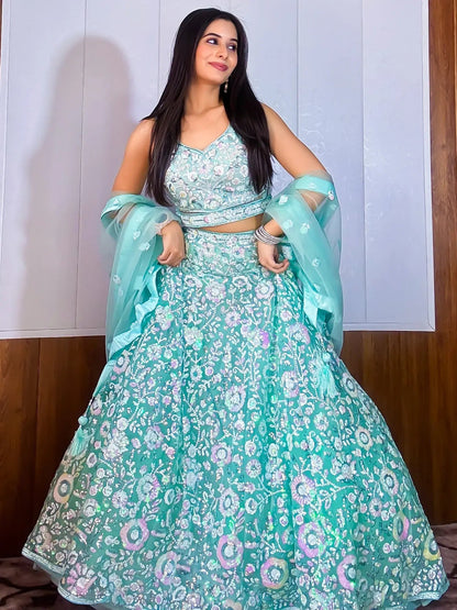 Mesmerizing Sky-Blue Sequins Net Party Wear Lehenga Choli With Dupatta - Zeel Clothing