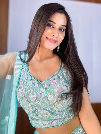 Mesmerizing Sky-Blue Sequins Net Party Wear Lehenga Choli With Dupatta - Zeel Clothing