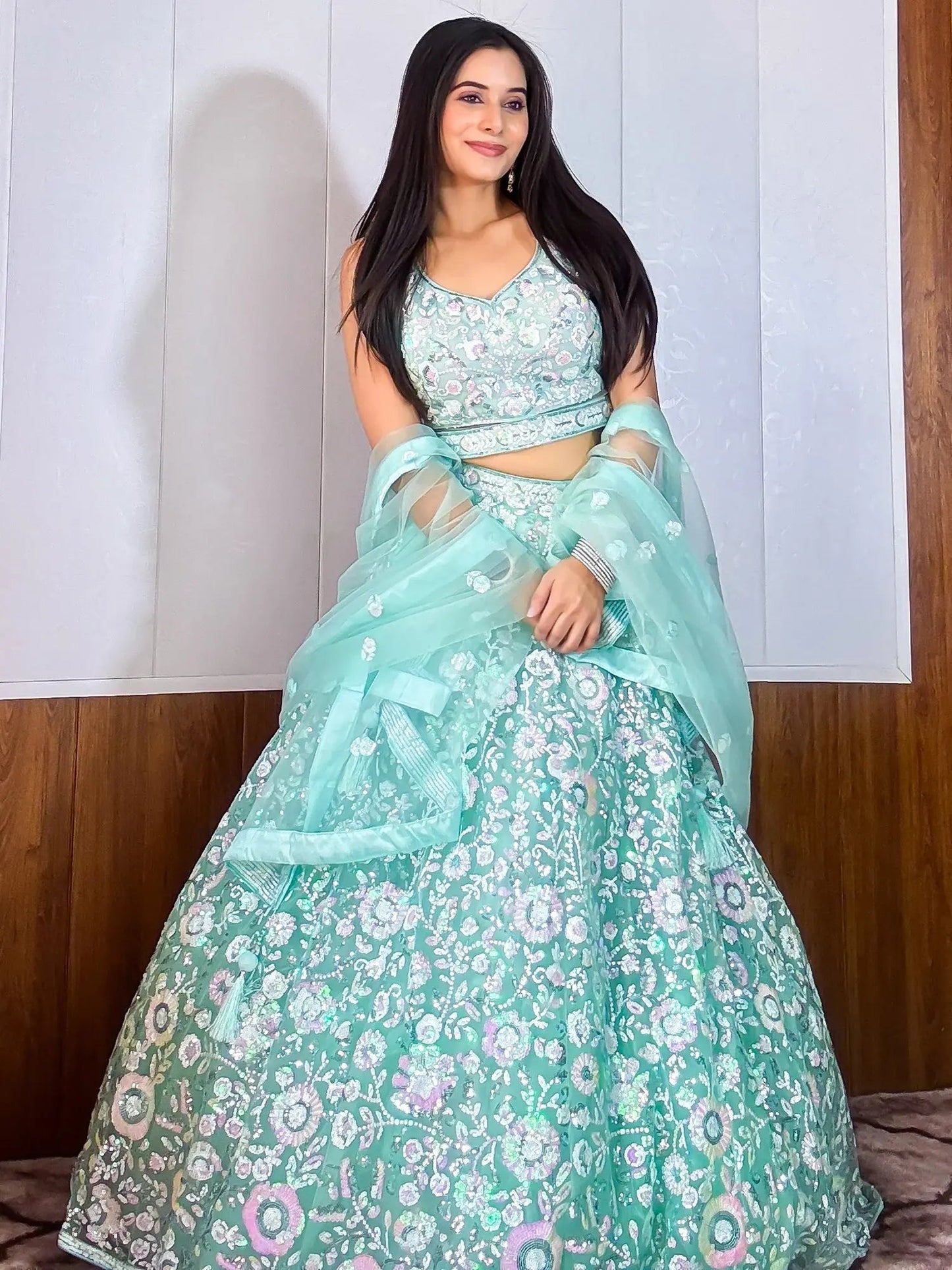 Mesmerizing Sky-Blue Sequins Net Party Wear Lehenga Choli With Dupatta - Zeel Clothing