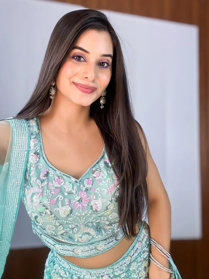 Mesmerizing Sky-Blue Sequins Net Party Wear Lehenga Choli With Dupatta - Zeel Clothing