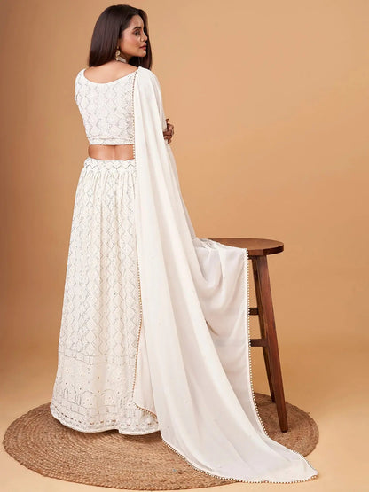 Mesmerizing White Thread Work Georgette Lehenga Choli With Dupatta - Zeel Clothing